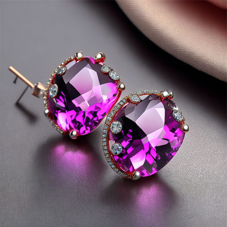 Round Deep Pink Gemstone Earrings with Halo Diamond Accents in Rose Gold-tone Metal