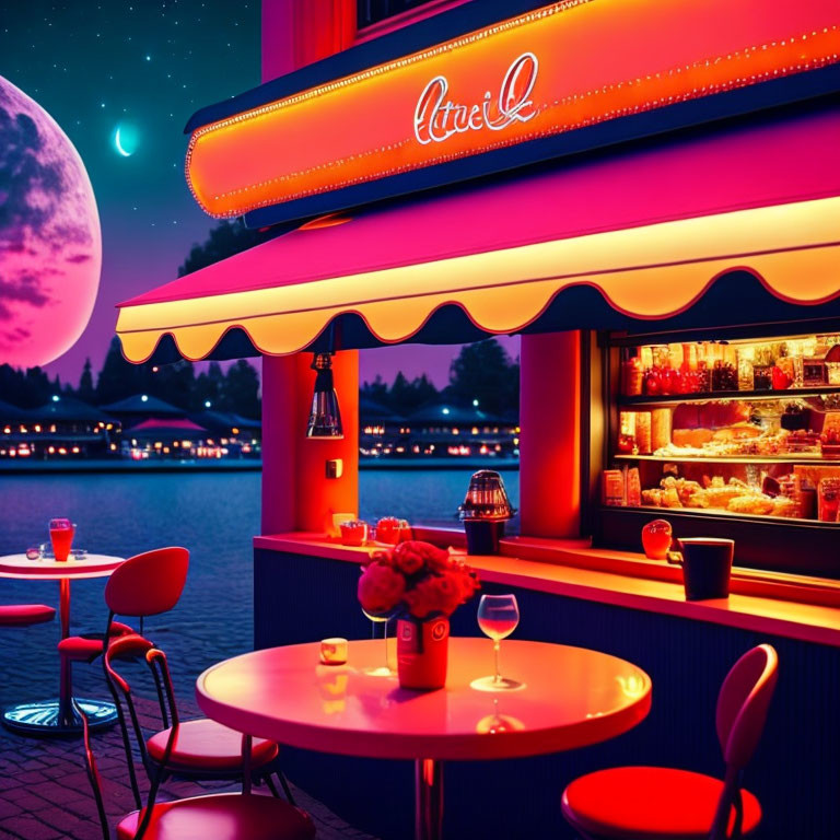 Twilight outdoor café scene with neon signage, red tables, starry sky