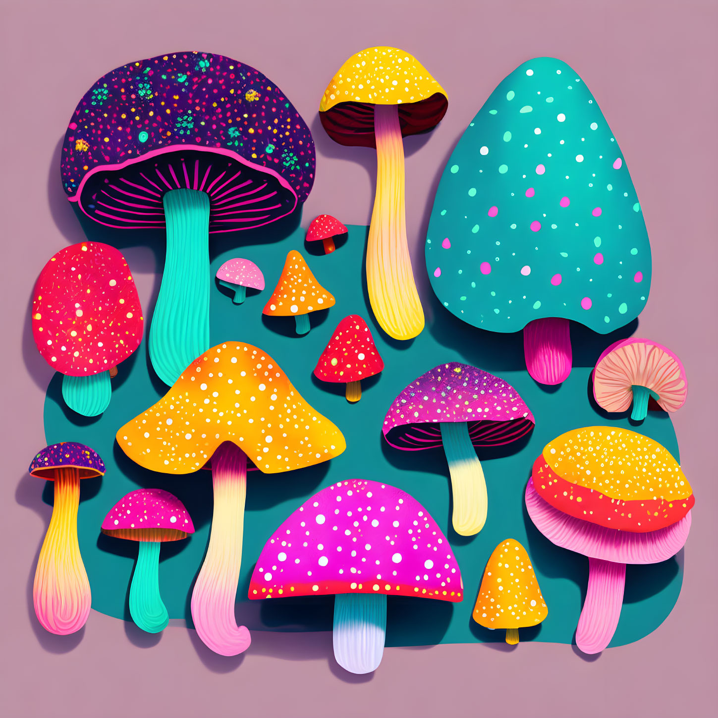 Vibrant Mushroom Illustration on Purple Background