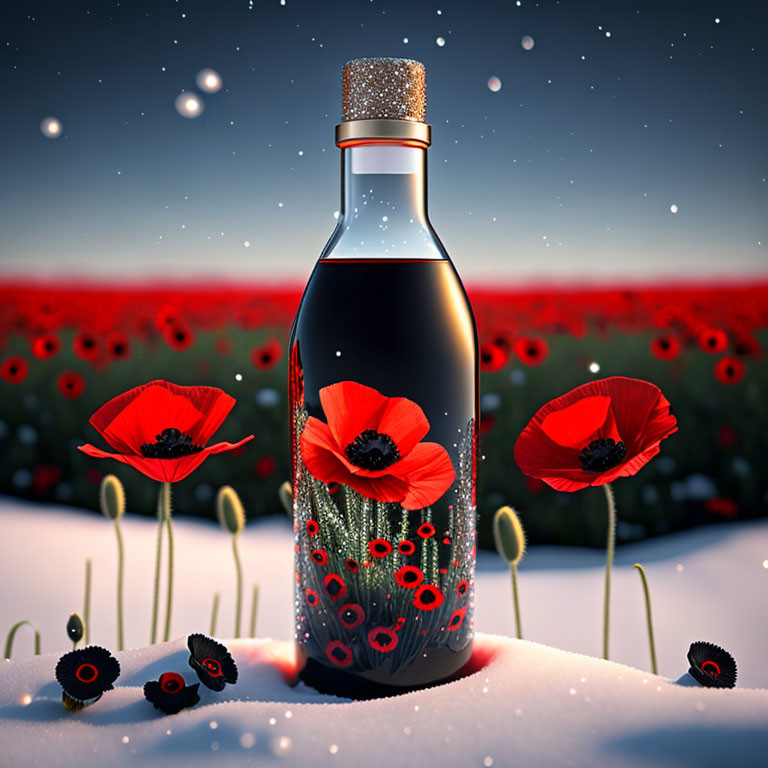 Whimsical red poppy bottle in snowy field with twilight sky