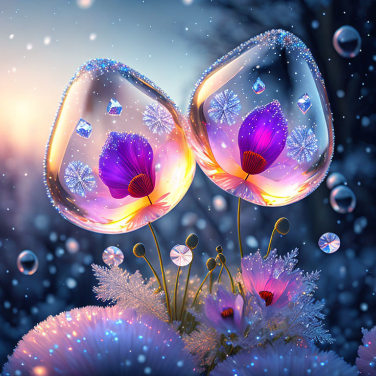 Glowing butterfly-like flowers in magical winter scene