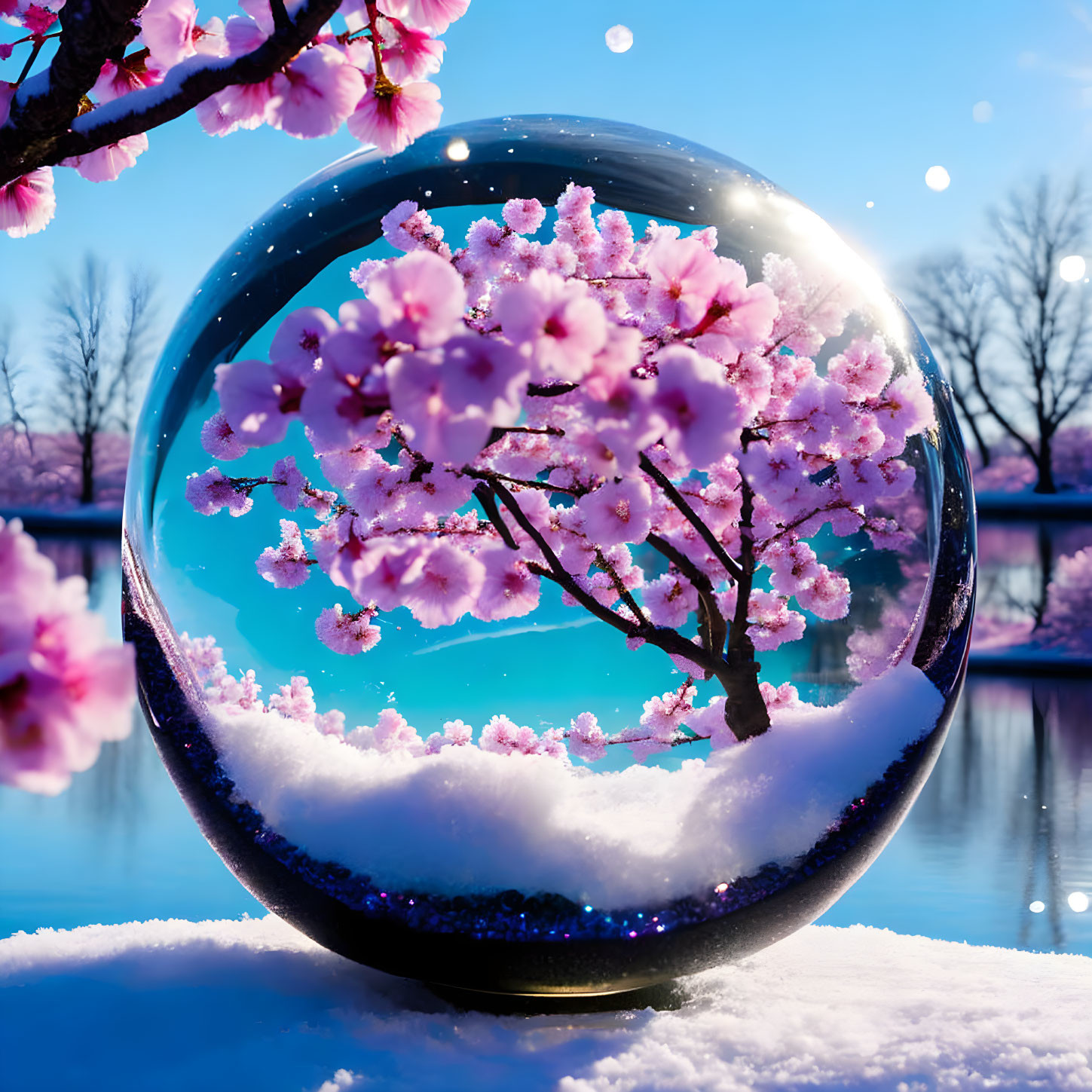 Crystal ball with cherry blossom tree in snowy landscape under twilight sky