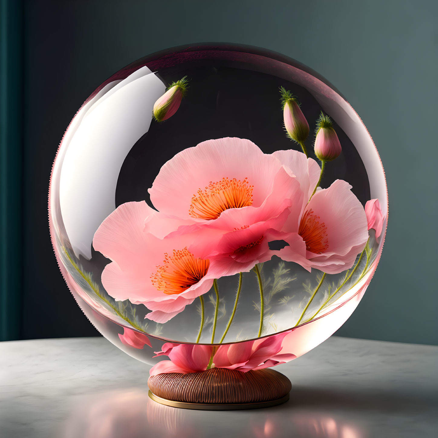 Crystal Ball Displaying Vibrant Pink Poppies on Wooden Stand