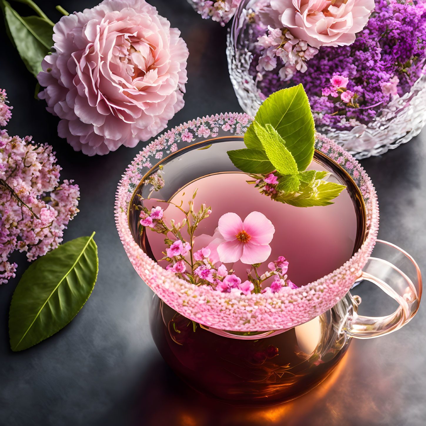 Floral Tea Cup with Pink Blossoms and Wicker Basket