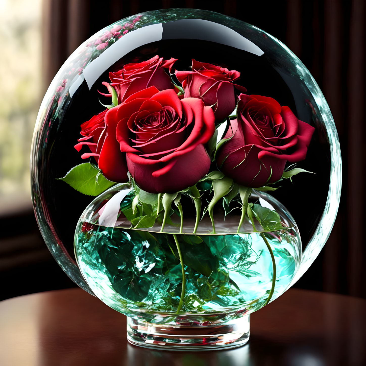 Crystal Sphere Vase with Red Roses Bouquet and Green Stems in Gel