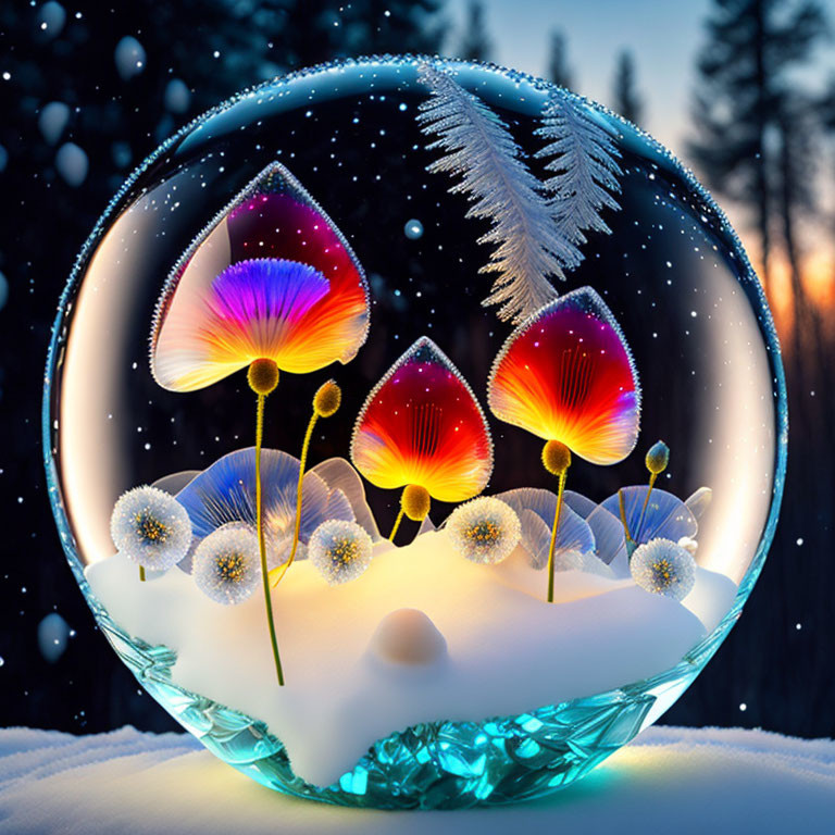 Colorful crystal globe with flowers, feather, snow, and night sky