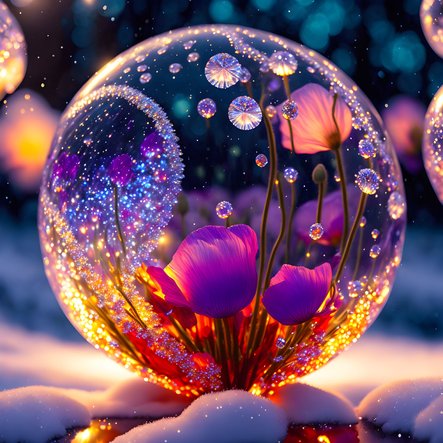 Vibrant purple flowers in luminous crystal ball with magical winter scene