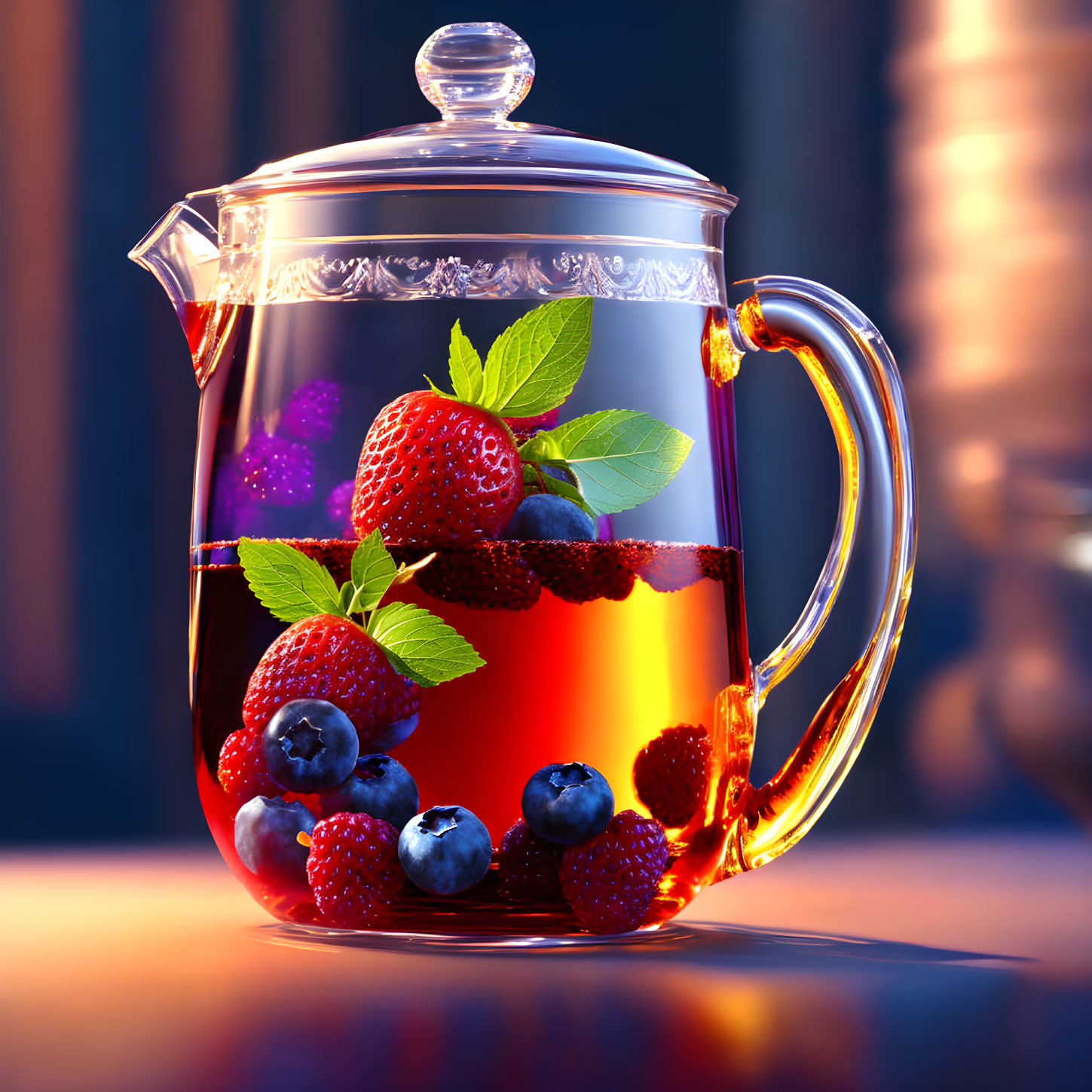 Transparent Teapot with Red Fruit Infusion and Mint Leaves