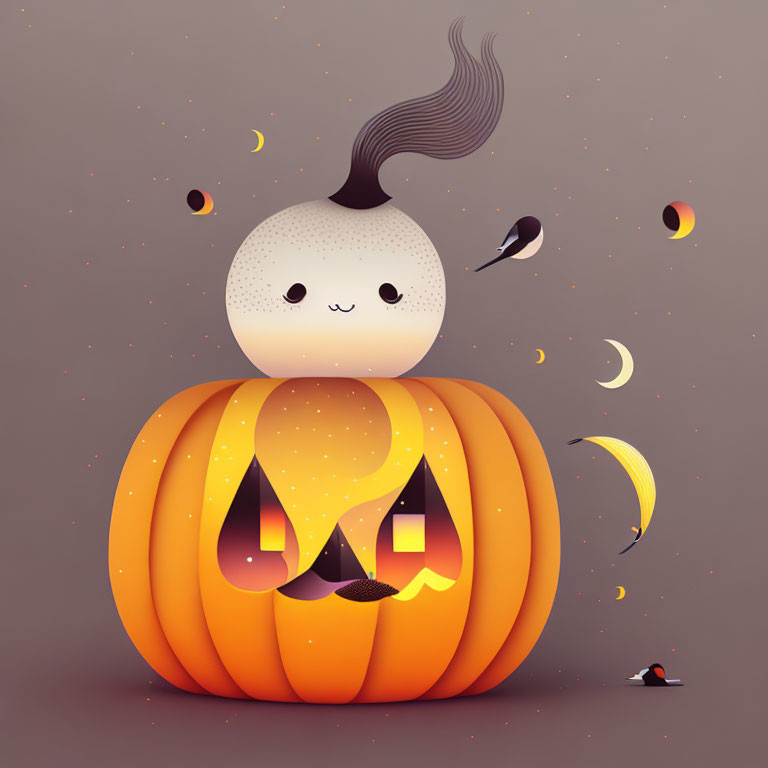 Whimsical pumpkin lantern with smiling character and autumn leaves