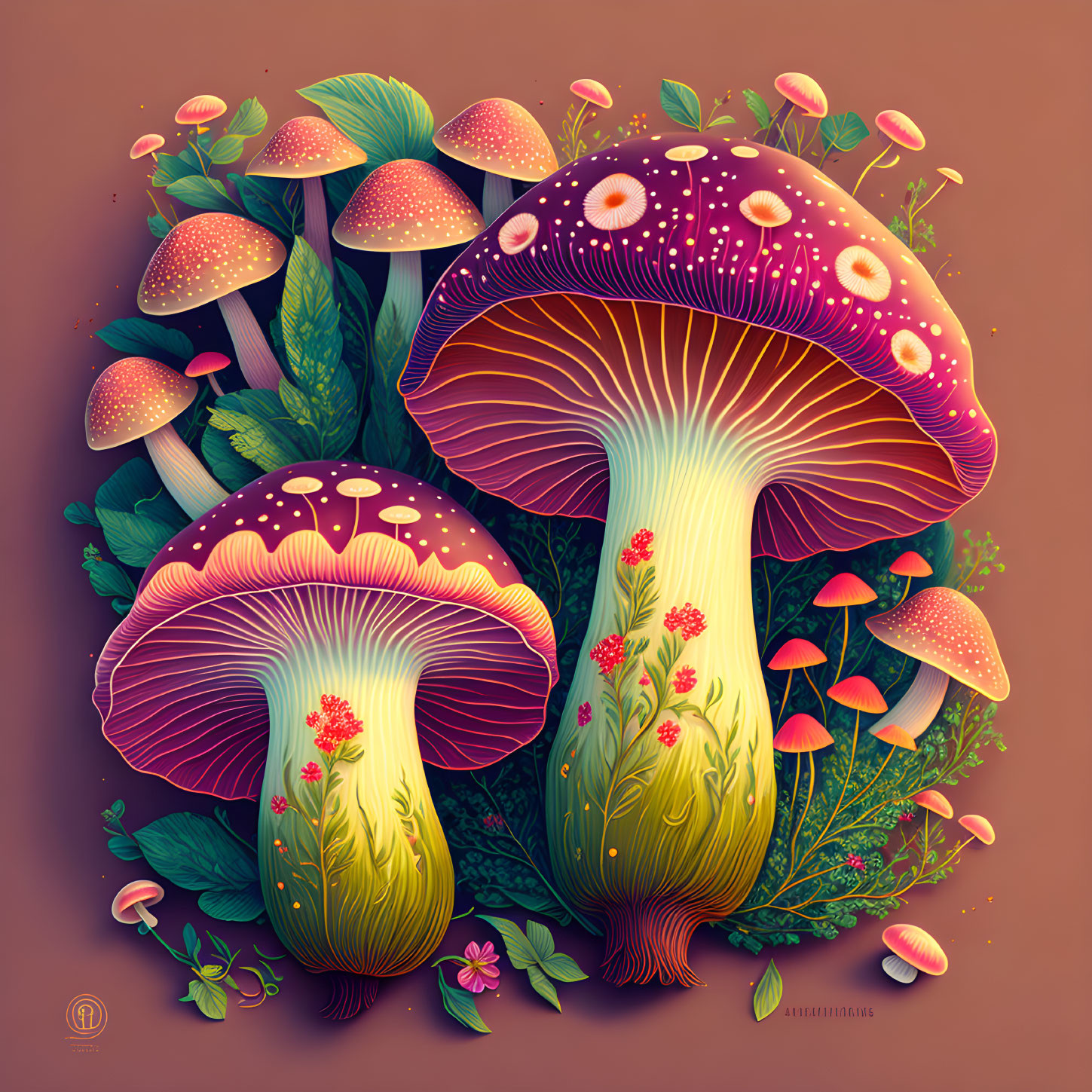 Colorful digital artwork of stylized mushrooms in lush foliage