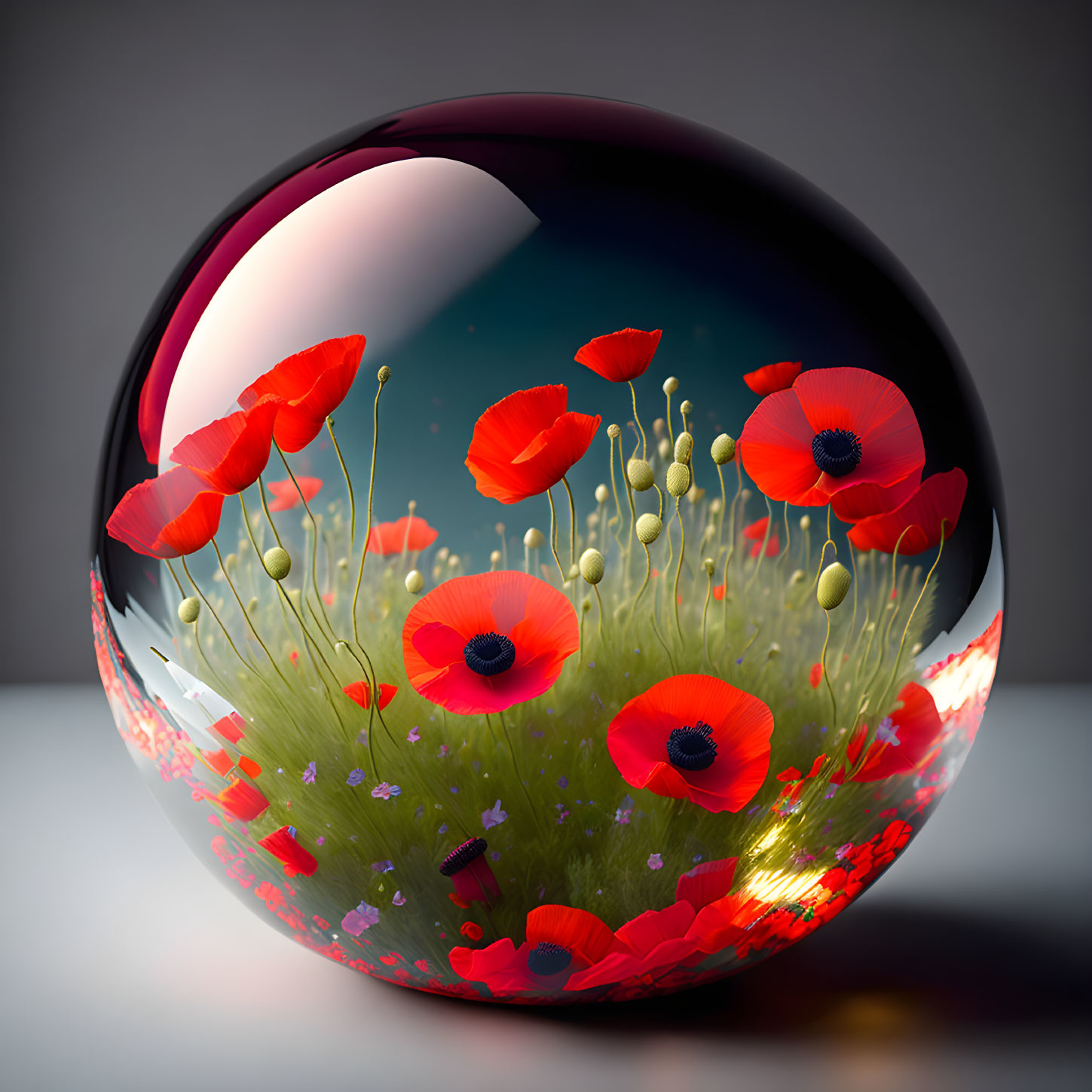 Glossy sphere with red poppies, green grass - micro-ecosystem concept