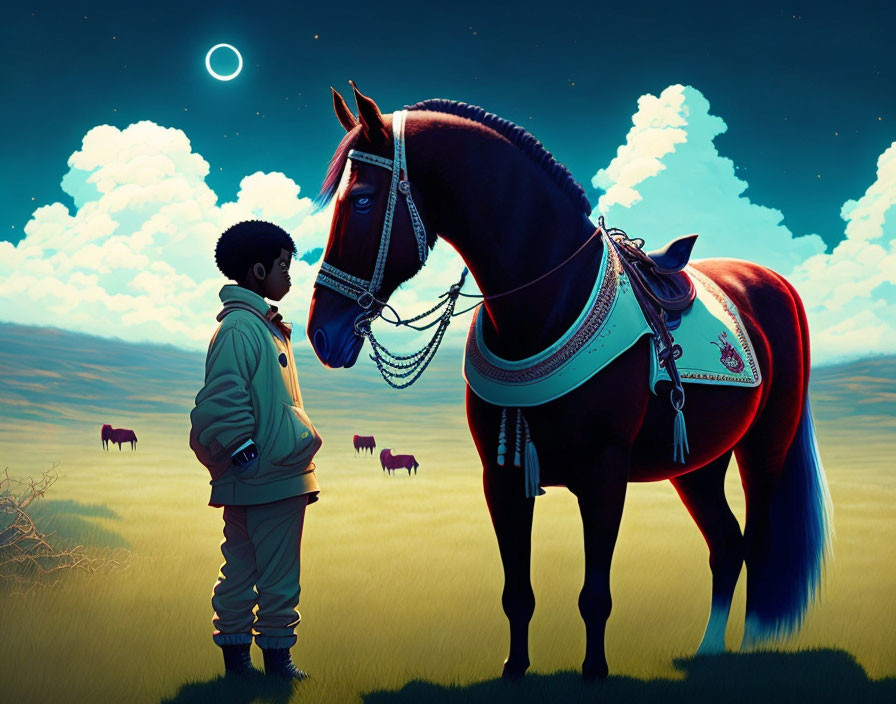 Boy facing large horse in field at dusk with eclipse and more horses