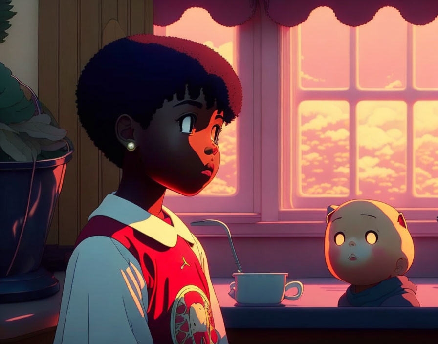 Young girl with afro gazes out window at sunset with worried creature.