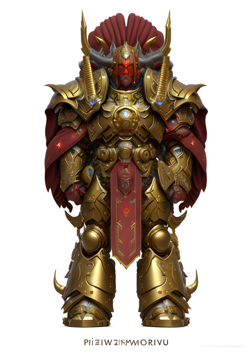 Detailed illustration of character in golden armor with horned helmet.