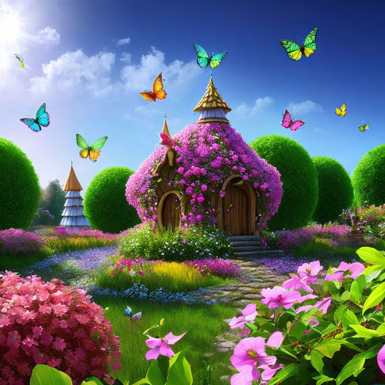 Charming cottage with pink flowers, thatched roof, and butterflies