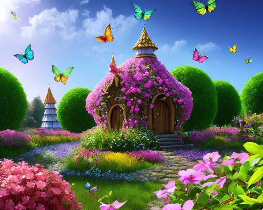 Charming cottage with pink flowers, thatched roof, and butterflies