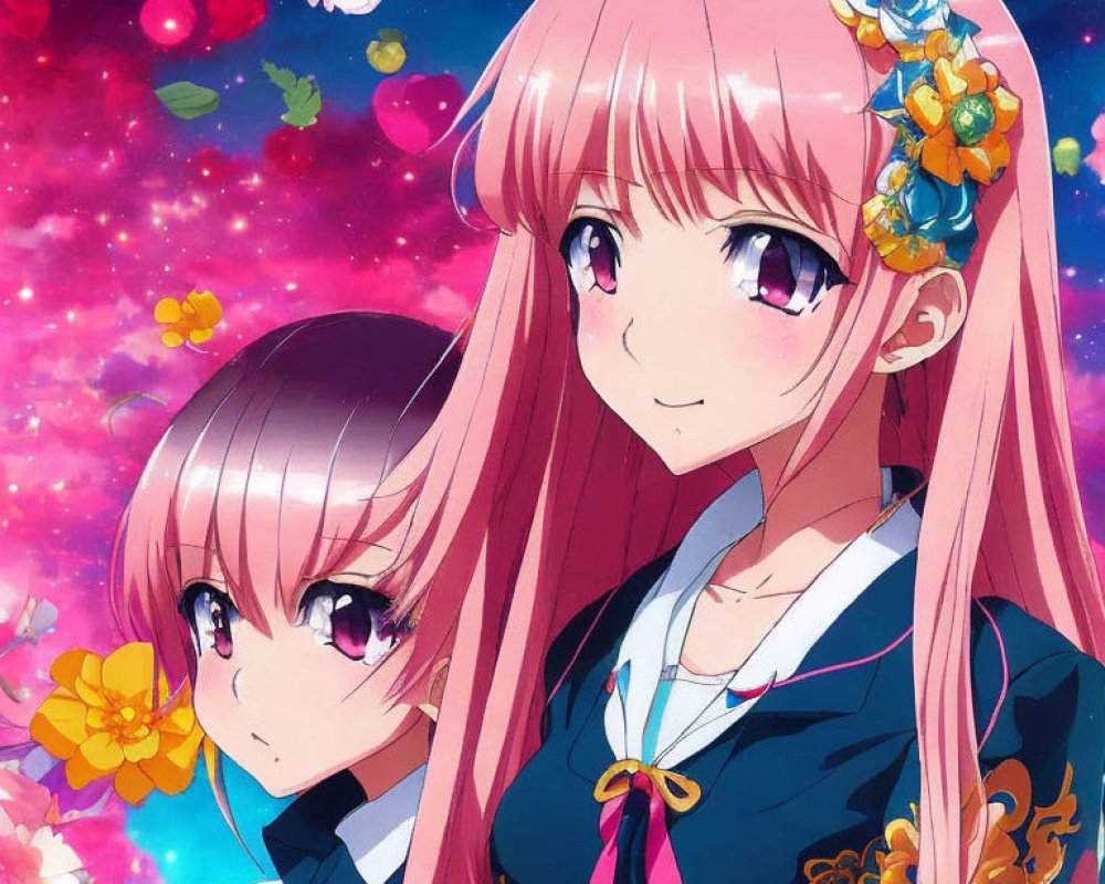 Anime girls with pink hair in blue outfits on cosmic starry background.