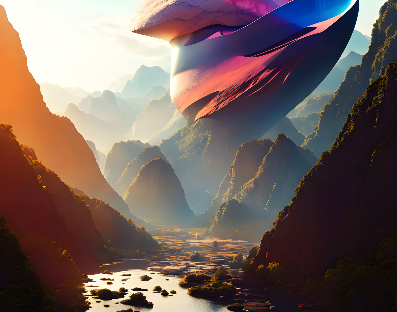 Green mountains with river and floating iridescent shape in surreal landscape