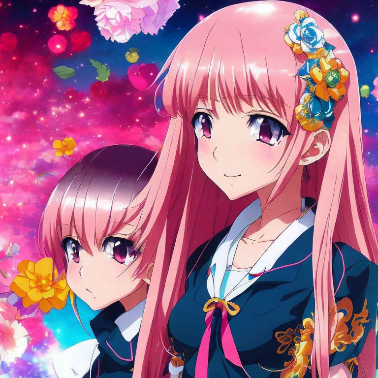 Anime girls with pink hair in blue outfits on cosmic starry background.