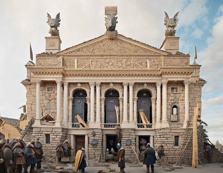 Historical Costumed Group Outside Classical Building Facade