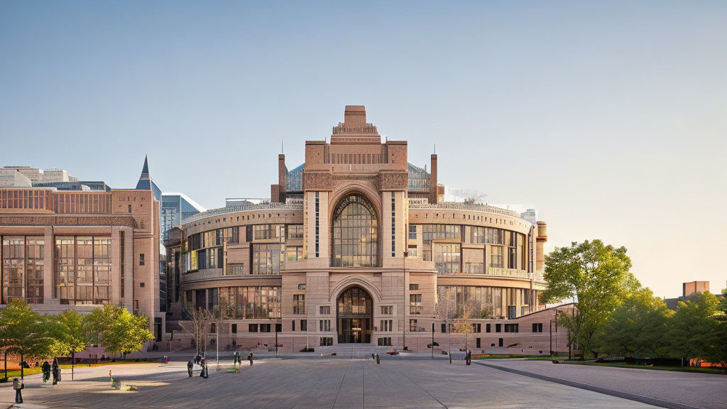 Spacious urban campus building with large arched windows and green surroundings