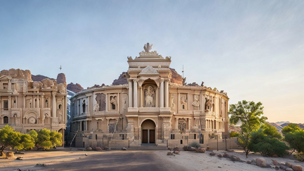 Classical Facade with Sculptures and Columns in Desert Mountain Setting