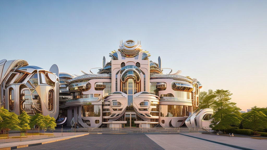 Futuristic metallic building with intricate design and circular motifs