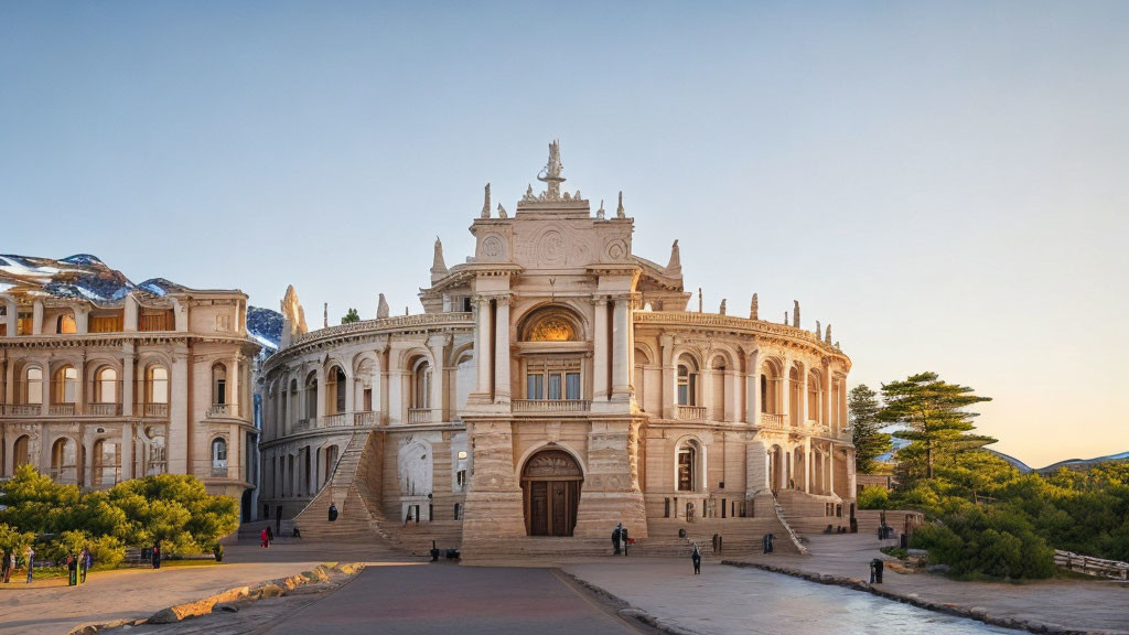 Neoclassical Building at Sunset with Visitors on Front Steps