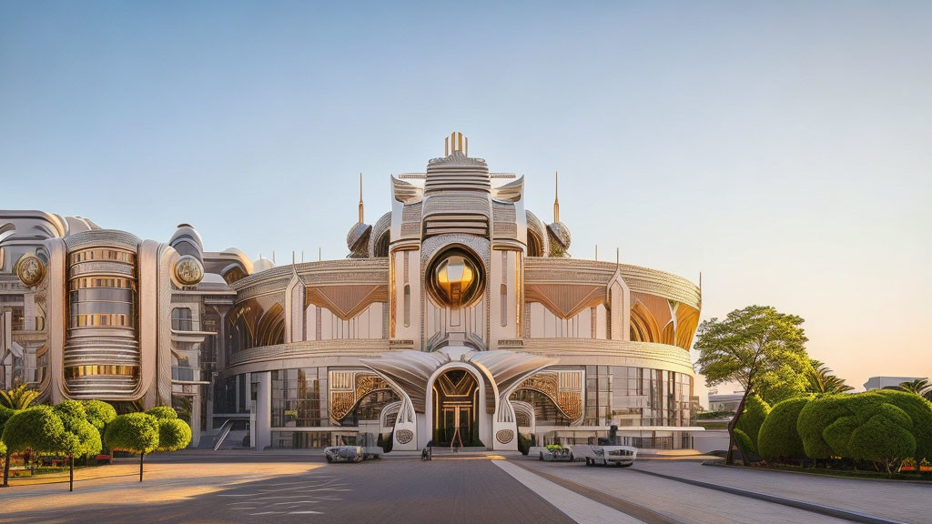 Symmetrical white futuristic building with round central feature and curved structures against clear sky at sunrise/sunset.