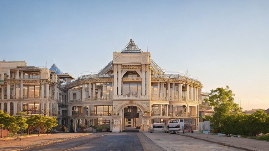 Neoclassical building undergoing renovation with intricate detailing and arches under clear sky at dawn or dusk