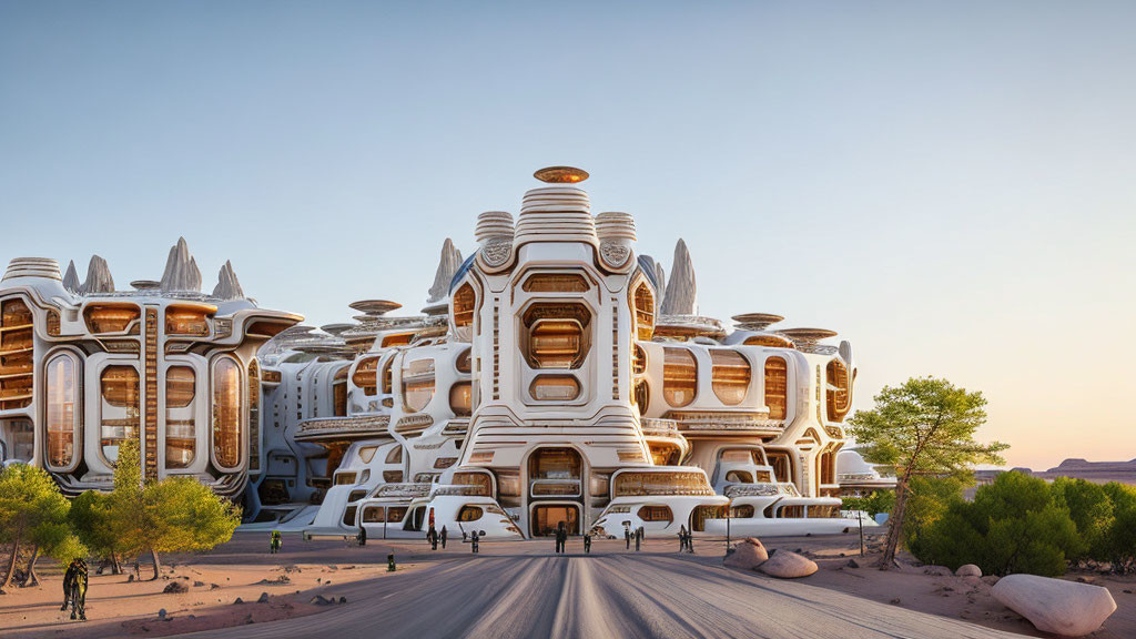 Unique desert architecture with organic shapes and intricate details under a clear sky at sunrise/set.