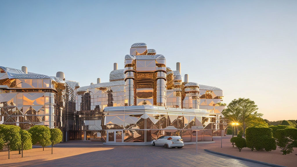 Reflective glass facade and cylindrical structures at sunset with parked car