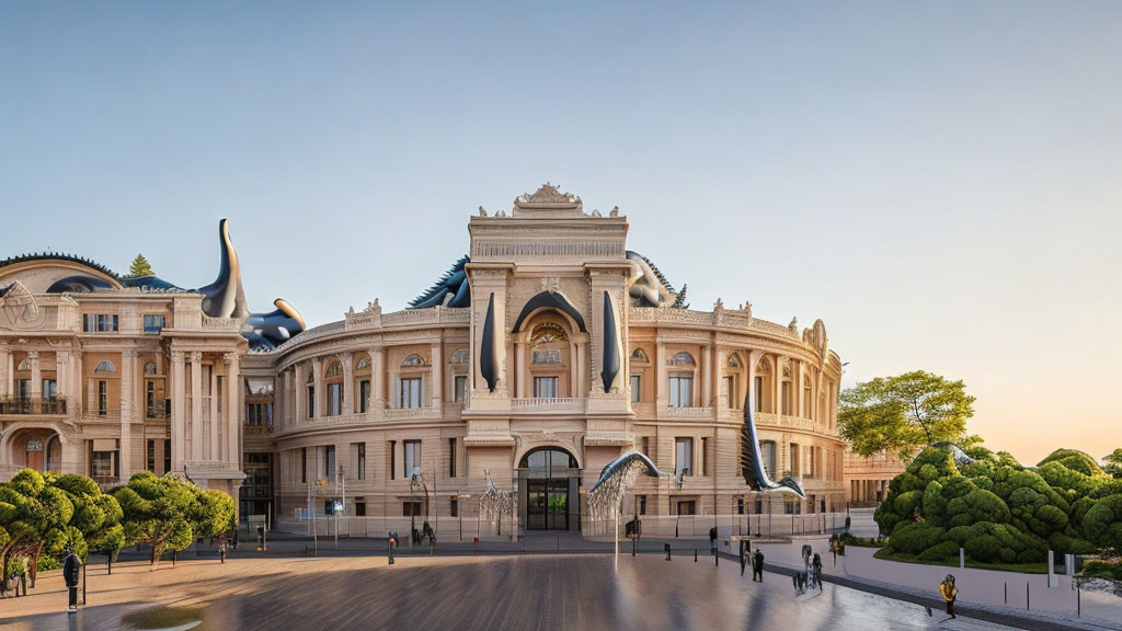 Neoclassical Building with Ornate Details and Musical Instrument Sculptures