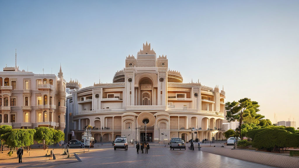 Ornate building with arches and intricate designs among modern structures at sunset