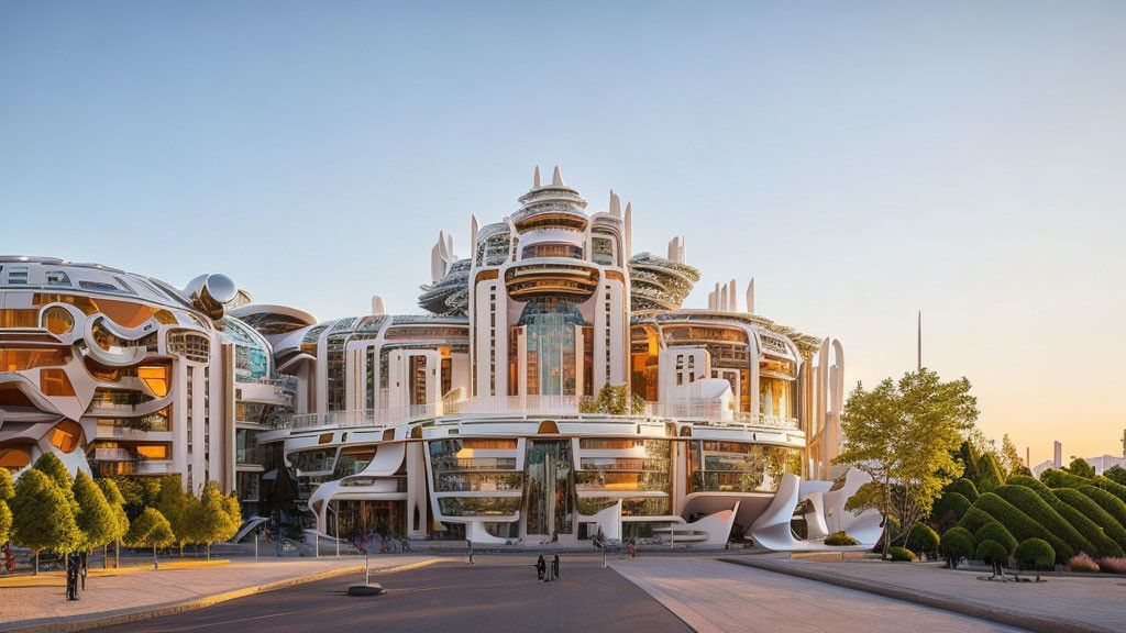 Modern white facade with rounded balconies in futuristic architecture