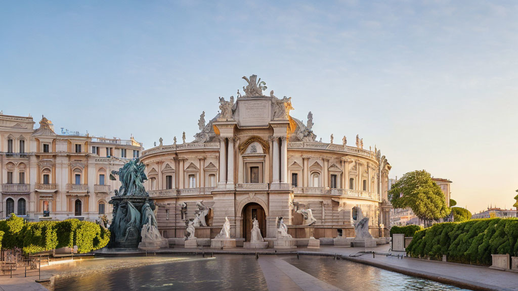 Baroque-style Fountain with Statues and Palace at Dusk