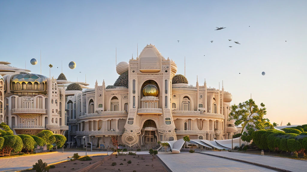 Ornate white palace in manicured greenery under clear sky