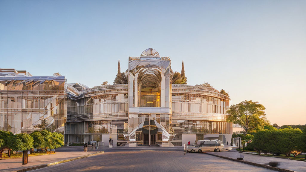 Glass building with central dome, trees, cars, and sunset sky