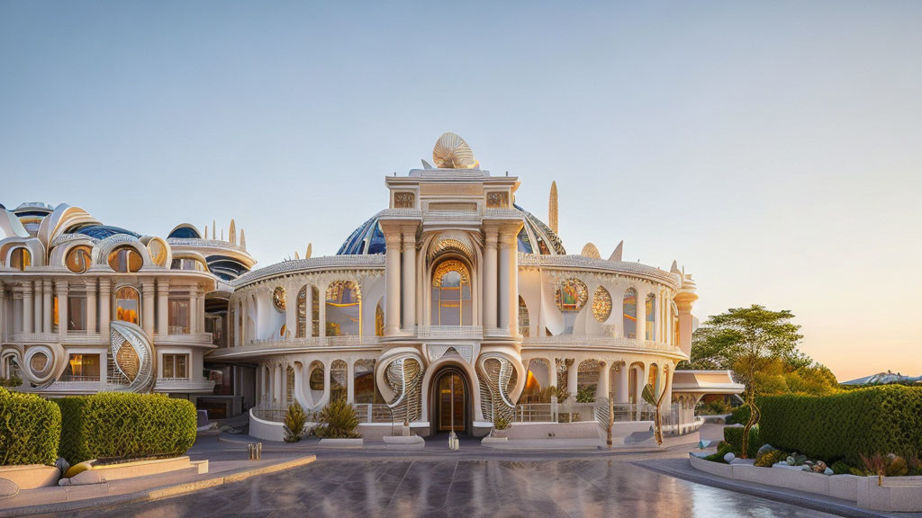 Modern white palace with arches and domes at sunset