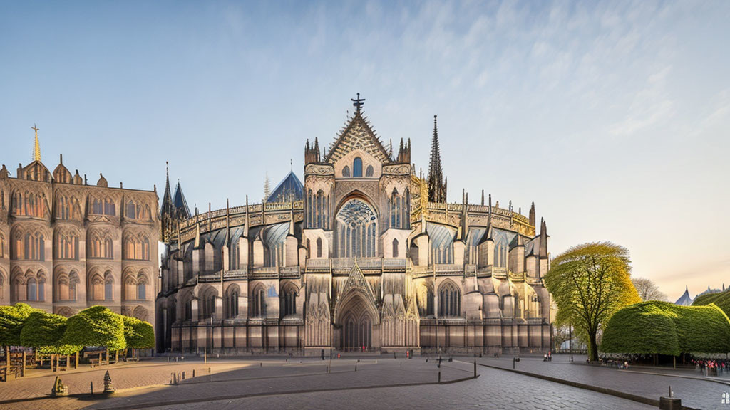 Elaborate Gothic cathedral with flying buttresses and rose windows in empty square at dusk