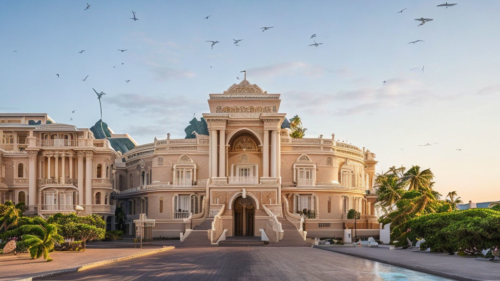 Luxurious hotel facade at sunset with flying birds and palm trees