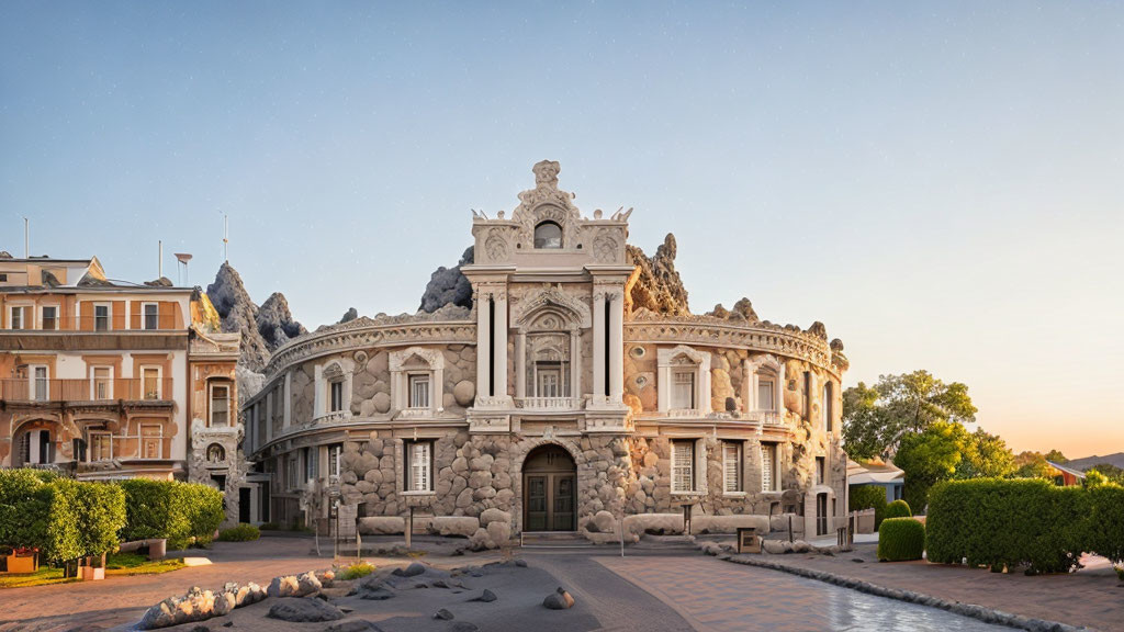 Baroque building with stone sculptures and modern surroundings at dusk.