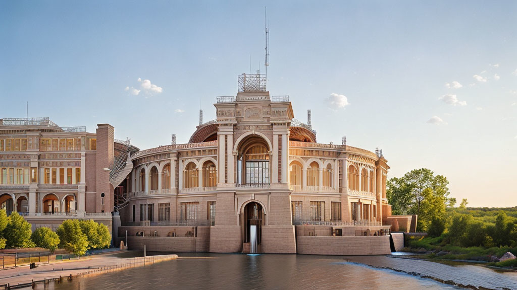 Neoclassical architecture building by tranquil river surrounded by greenery