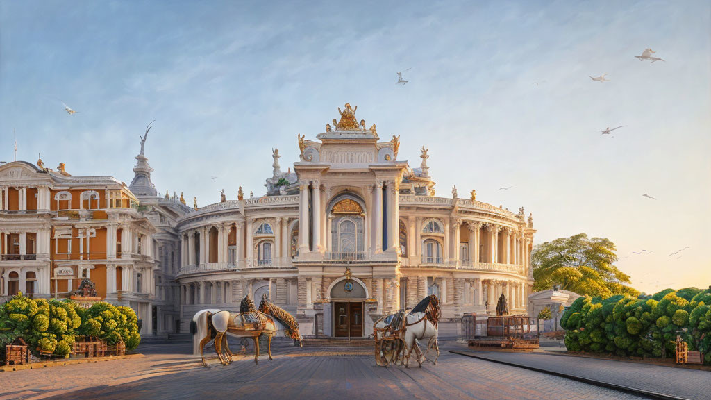 Grand classical building with columns, statues, and dome, flanked by ornate structures, horse-d