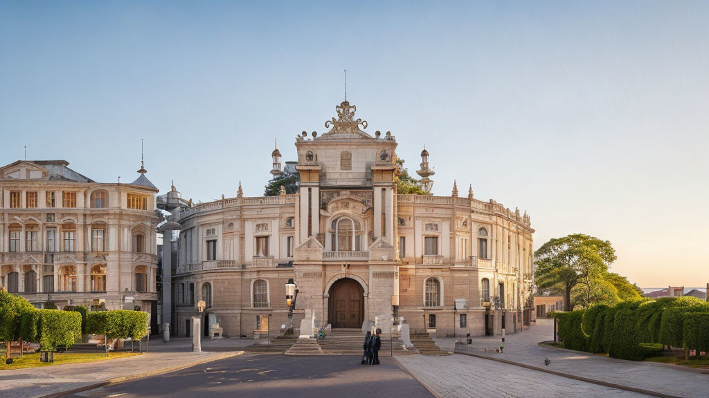 Historical building with intricate facade and people walking under clear sky at golden hour