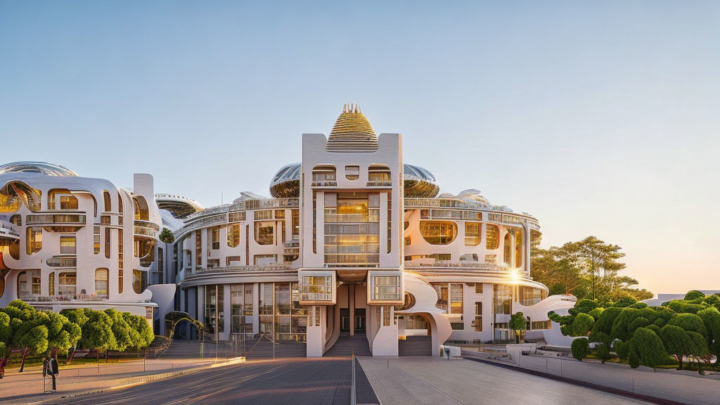 Futuristic building with spherical structures and golden accents at sunset