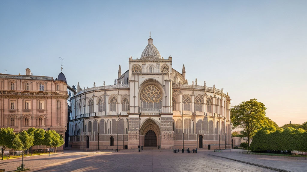 Gothic Revival Church with Rose Window and Pointed Arches at Dusk