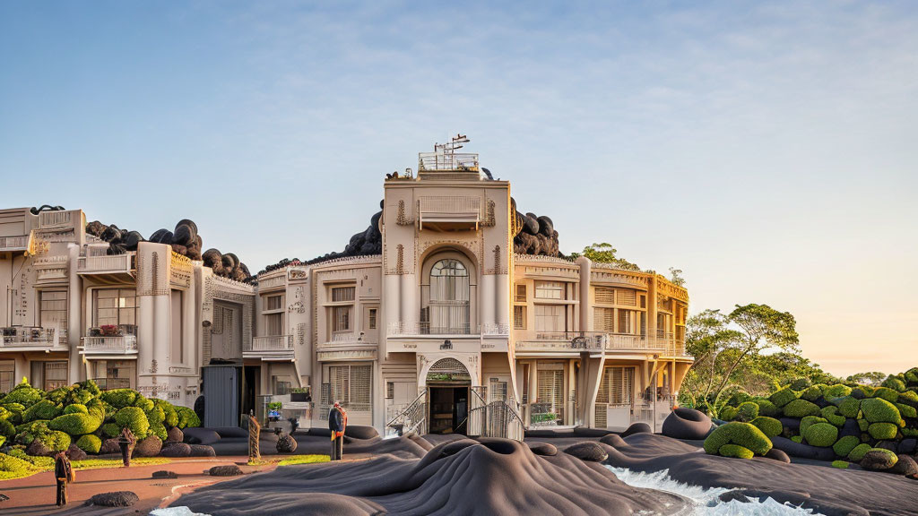 Classical architecture blends with lava-like structures in surreal setting