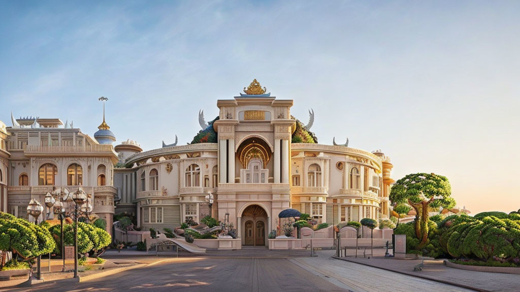 Luxurious Palace with Golden Accents and Topiary Gardens at Sunset