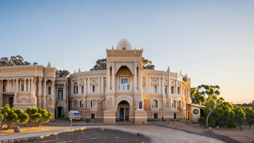 Ornate building with arched entrance at twilight